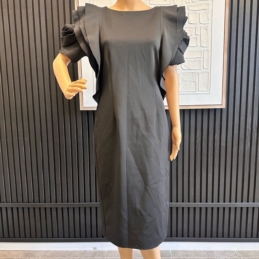 Sophisticated Black Midi Dress with Ruffle Sleeves